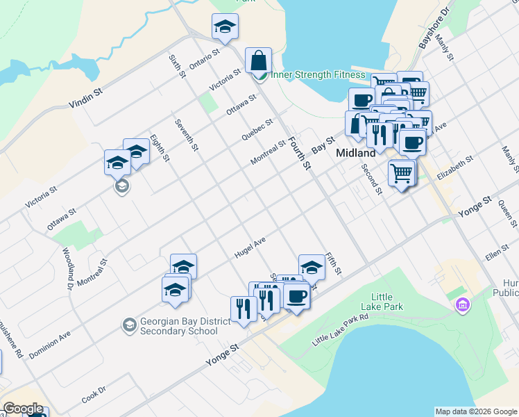 map of restaurants, bars, coffee shops, grocery stores, and more near 238 Sixth Street in Midland