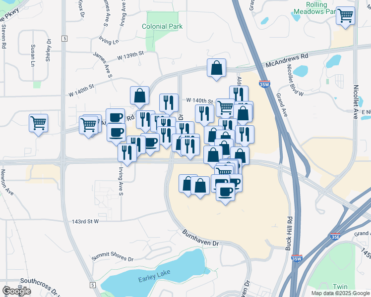 map of restaurants, bars, coffee shops, grocery stores, and more near 1014 County Road 42 West in Burnsville