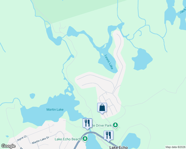 map of restaurants, bars, coffee shops, grocery stores, and more near 46 Lake Echo Drive in Lake Echo