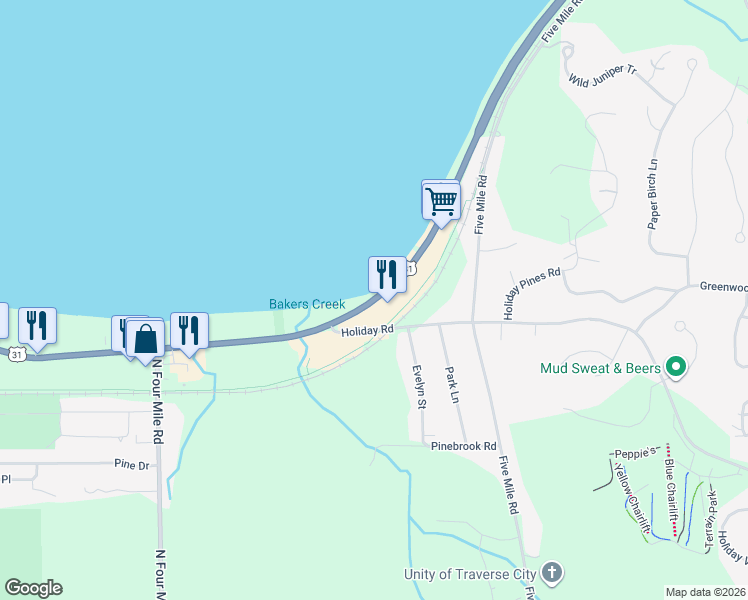 map of restaurants, bars, coffee shops, grocery stores, and more near 4234-5110 Munson Ave in Traverse City