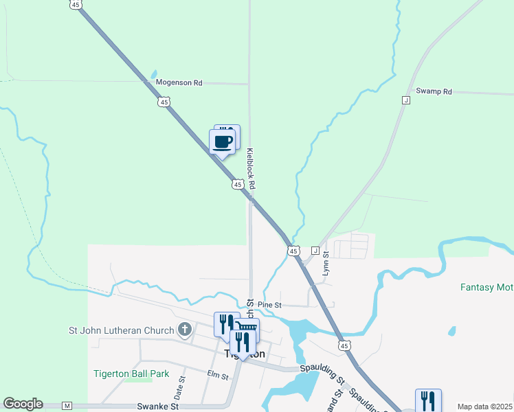 map of restaurants, bars, coffee shops, grocery stores, and more near 1485 Kielblock Road in Tigerton