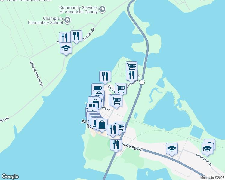 map of restaurants, bars, coffee shops, grocery stores, and more near 95 Chapel Street in Annapolis Royal