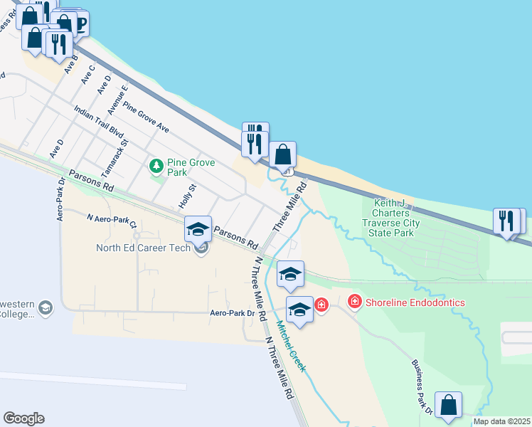 map of restaurants, bars, coffee shops, grocery stores, and more near 4323 Three Mile Road in Traverse City