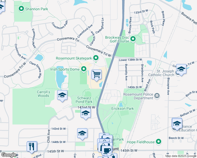 map of restaurants, bars, coffee shops, grocery stores, and more near 13885 Robert Trail South in Rosemount