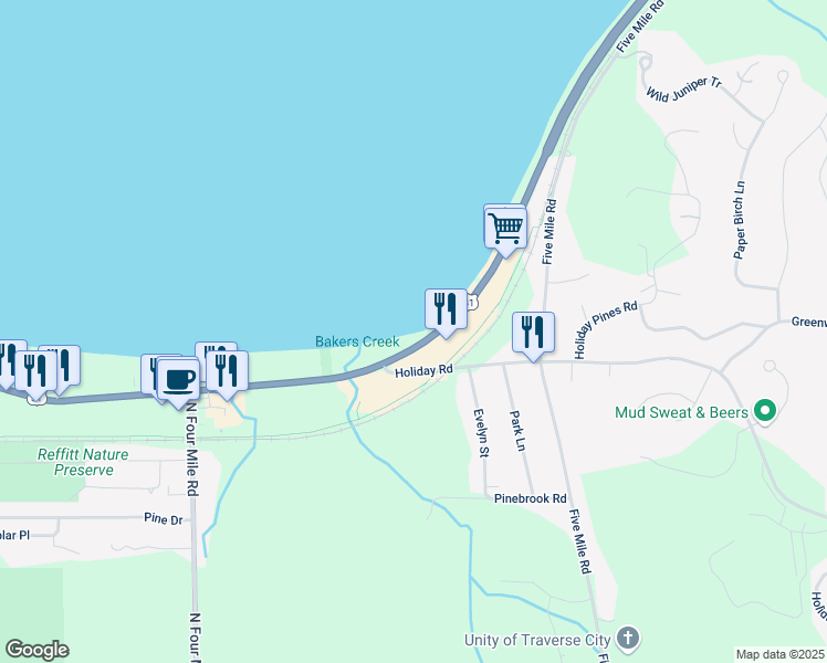 map of restaurants, bars, coffee shops, grocery stores, and more near 4234-5110 Munson Ave in Traverse City