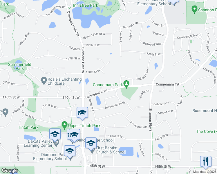 map of restaurants, bars, coffee shops, grocery stores, and more near 13925 Dallas Court in Rosemount