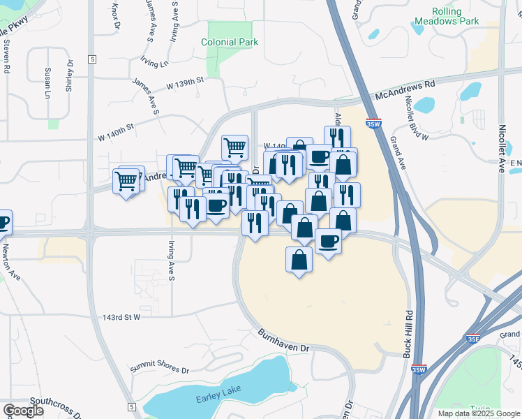 map of restaurants, bars, coffee shops, grocery stores, and more near 1014 County Road 42 West in Burnsville
