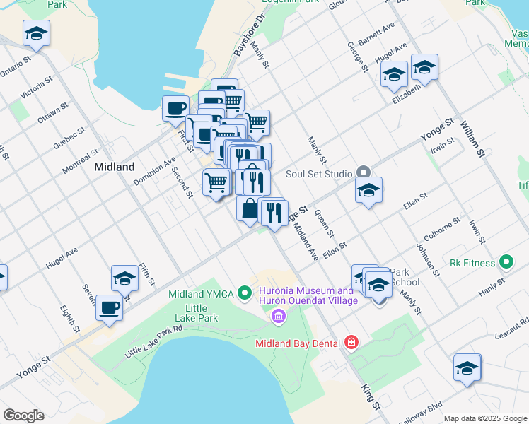 map of restaurants, bars, coffee shops, grocery stores, and more near in Midland