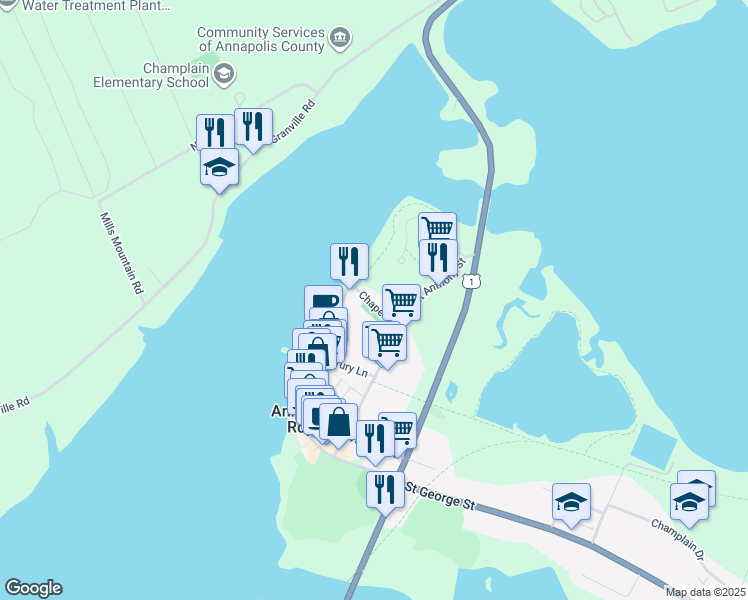 map of restaurants, bars, coffee shops, grocery stores, and more near 24 Chapel Street in Annapolis Royal