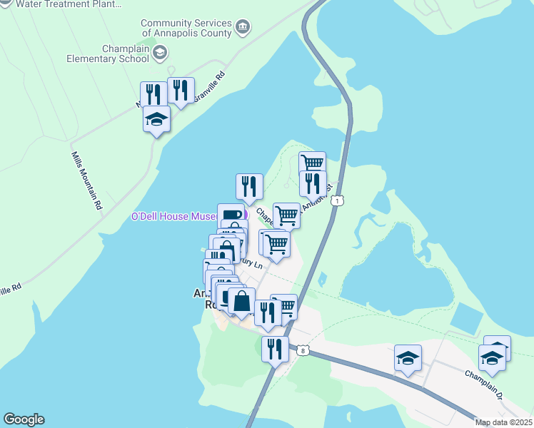 map of restaurants, bars, coffee shops, grocery stores, and more near 24 Chapel Street in Annapolis Royal