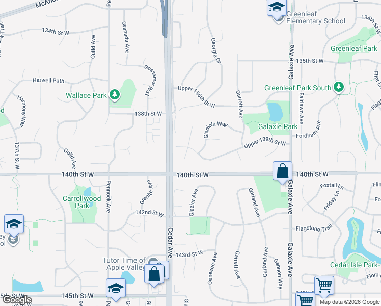 map of restaurants, bars, coffee shops, grocery stores, and more near 7406 Upper 139th Street West in Apple Valley