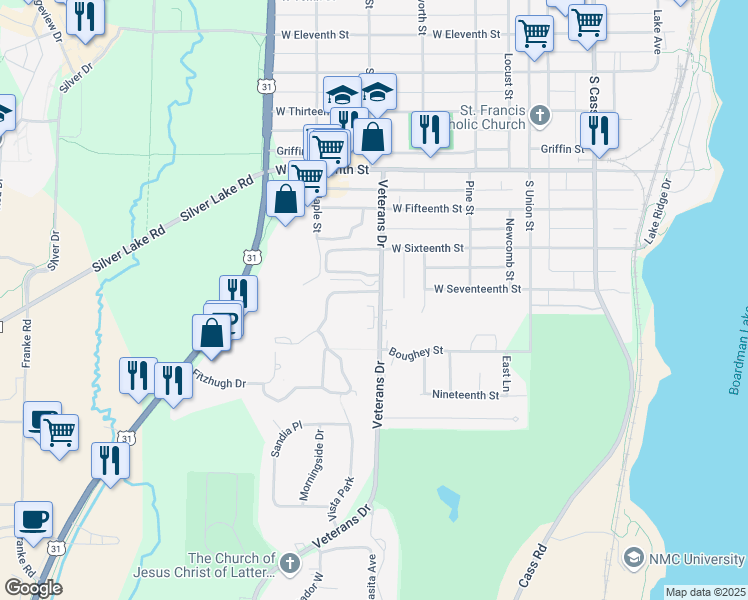 map of restaurants, bars, coffee shops, grocery stores, and more near 605 Bay Hill Drive in Traverse City