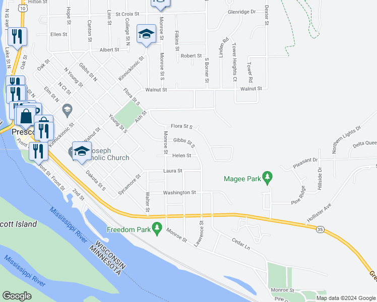 map of restaurants, bars, coffee shops, grocery stores, and more near 760 Helen Street in Prescott