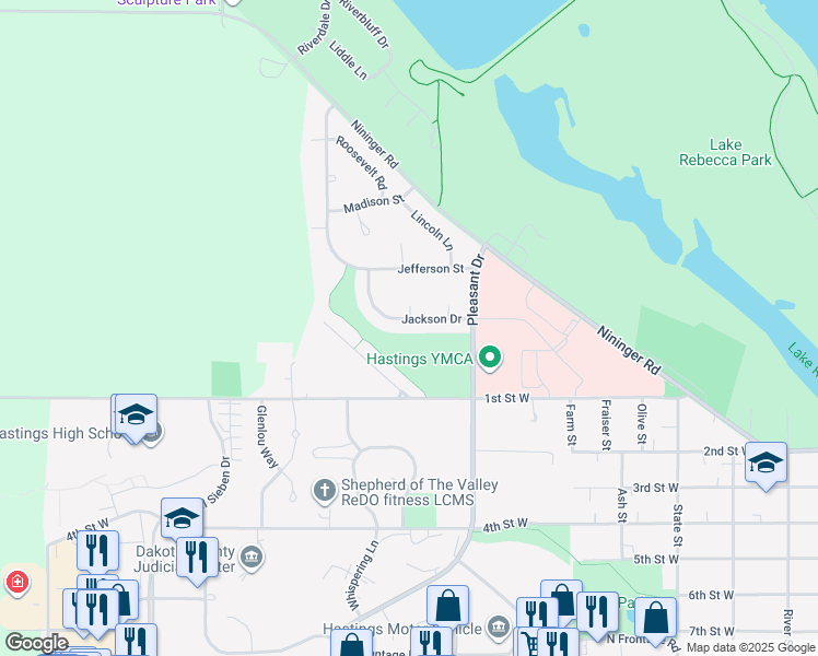 map of restaurants, bars, coffee shops, grocery stores, and more near 1339 Jackson Drive in Hastings