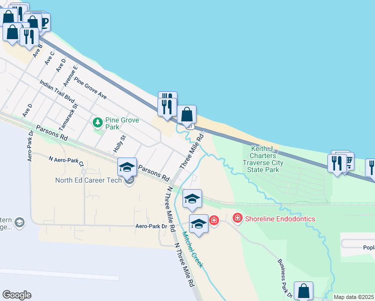 map of restaurants, bars, coffee shops, grocery stores, and more near 4323 Three Mile Road in Traverse City