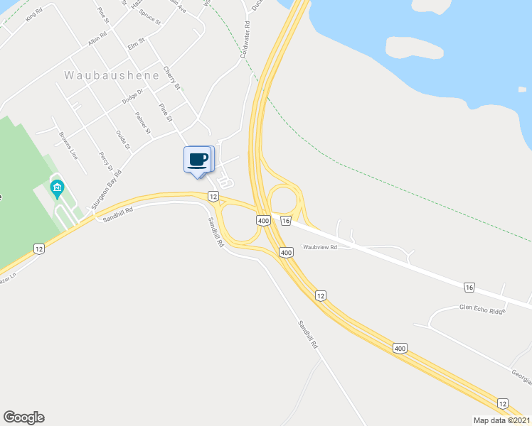 map of restaurants, bars, coffee shops, grocery stores, and more near County Road 16 in Waubaushene