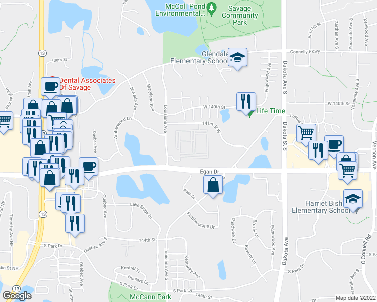 map of restaurants, bars, coffee shops, grocery stores, and more near 14125 Louisiana Avenue in Savage