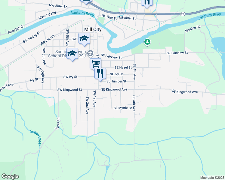 map of restaurants, bars, coffee shops, grocery stores, and more near 1022 Southeast Kingwood Avenue in Mill City