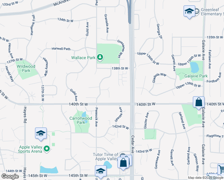map of restaurants, bars, coffee shops, grocery stores, and more near 13920 Granada Court in Apple Valley