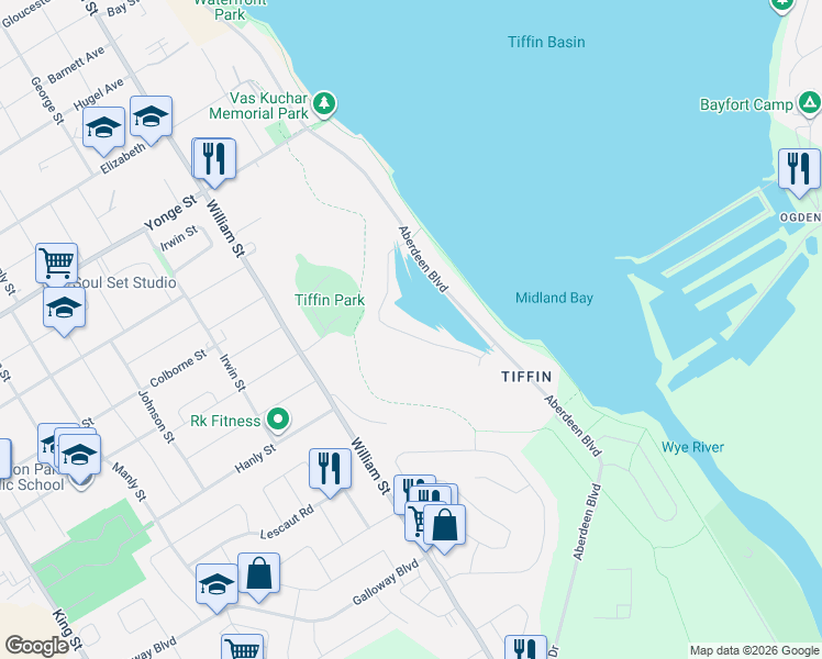 map of restaurants, bars, coffee shops, grocery stores, and more near 601 Taylor Drive in Midland