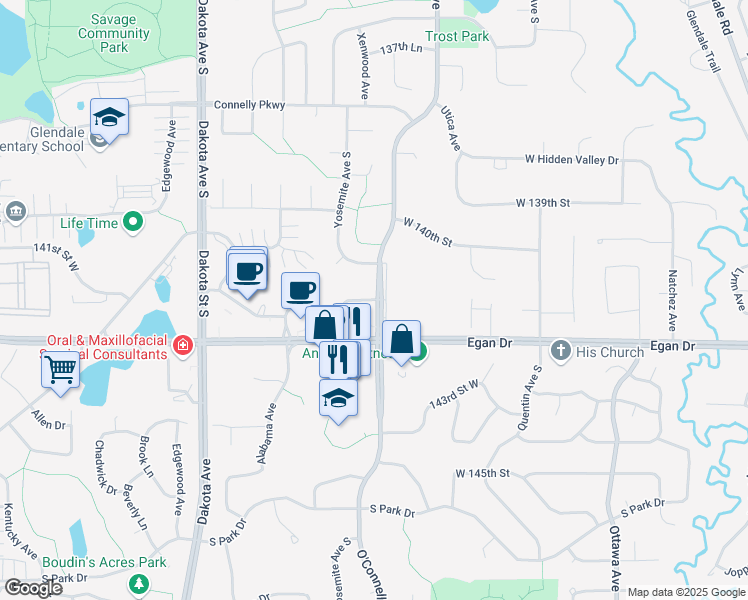 map of restaurants, bars, coffee shops, grocery stores, and more near 5705 Loftus Lane in Savage