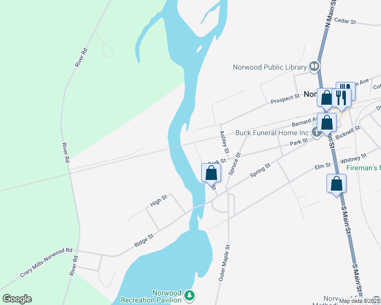 map of restaurants, bars, coffee shops, grocery stores, and more near 35 River St in Norwood