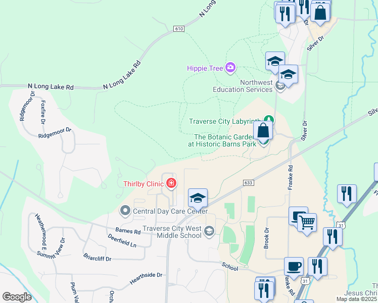 map of restaurants, bars, coffee shops, grocery stores, and more near Copper Ridge Trail in Traverse City
