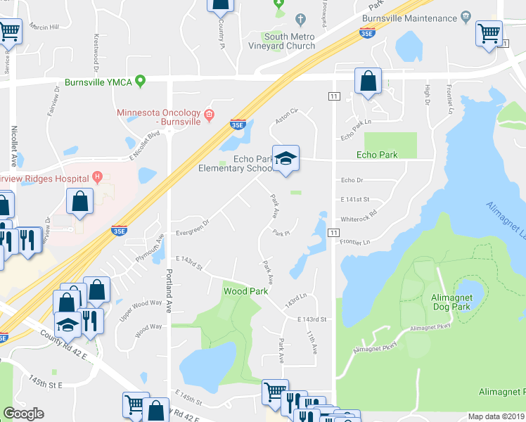 map of restaurants, bars, coffee shops, grocery stores, and more near 839 Evergreen Circle in Burnsville
