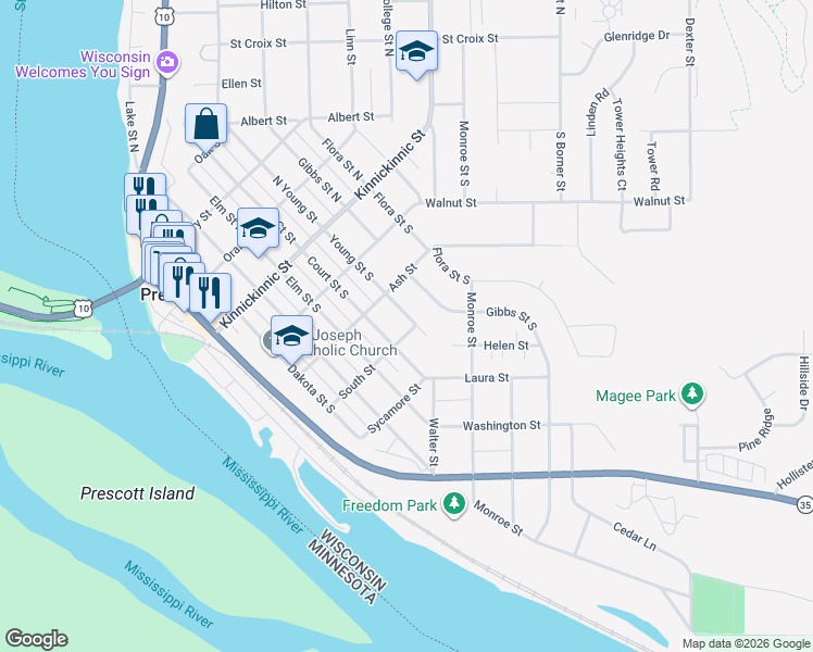 map of restaurants, bars, coffee shops, grocery stores, and more near 387 Young Street South in Prescott