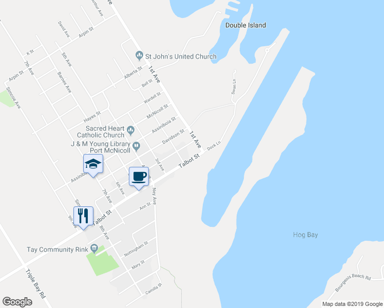 map of restaurants, bars, coffee shops, grocery stores, and more near 316 Talbot Street in Port McNicoll