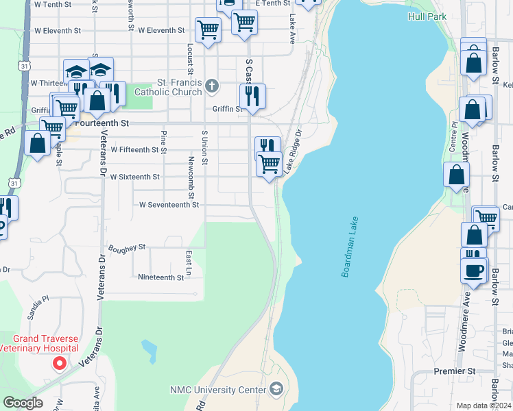 map of restaurants, bars, coffee shops, grocery stores, and more near 201-299 East 17th Street in Traverse City