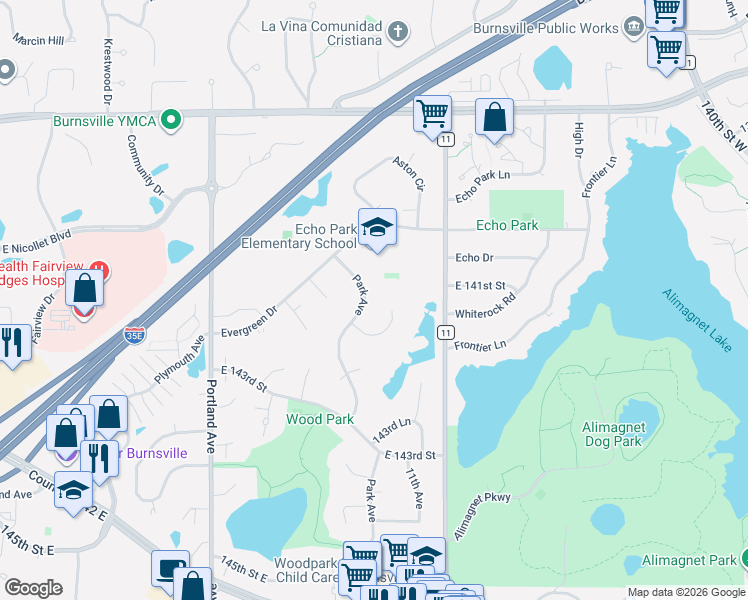 map of restaurants, bars, coffee shops, grocery stores, and more near 1012 Park Place in Burnsville