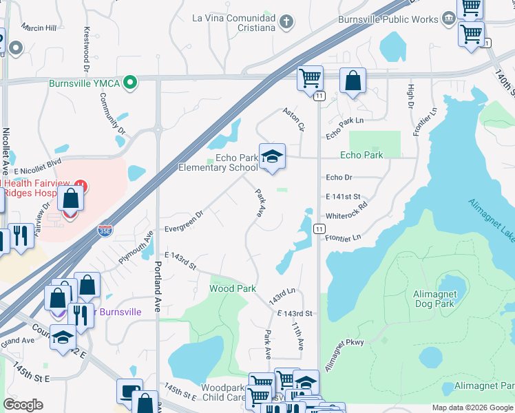 map of restaurants, bars, coffee shops, grocery stores, and more near 839 Evergreen Circle in Burnsville