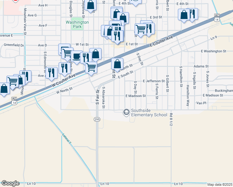 map of restaurants, bars, coffee shops, grocery stores, and more near 485 South Bent Street in Powell