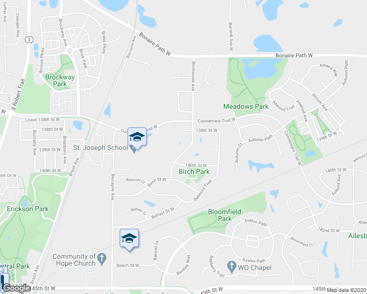 map of restaurants, bars, coffee shops, grocery stores, and more near 13887 Birchwood Avenue in Rosemount