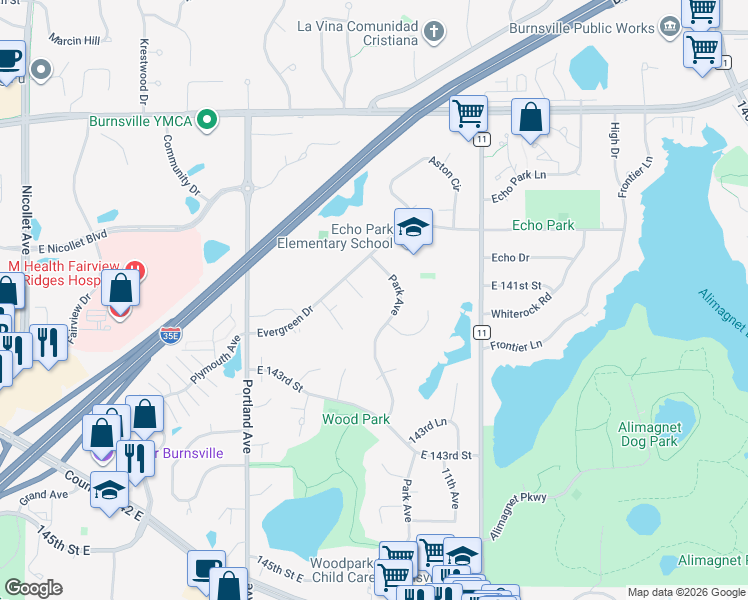 map of restaurants, bars, coffee shops, grocery stores, and more near 839 Evergreen Circle in Burnsville