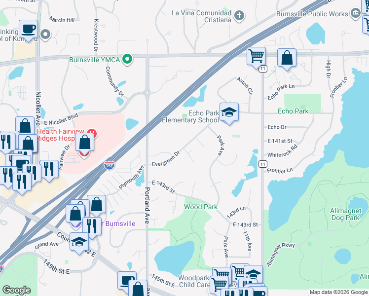 map of restaurants, bars, coffee shops, grocery stores, and more near in Burnsville