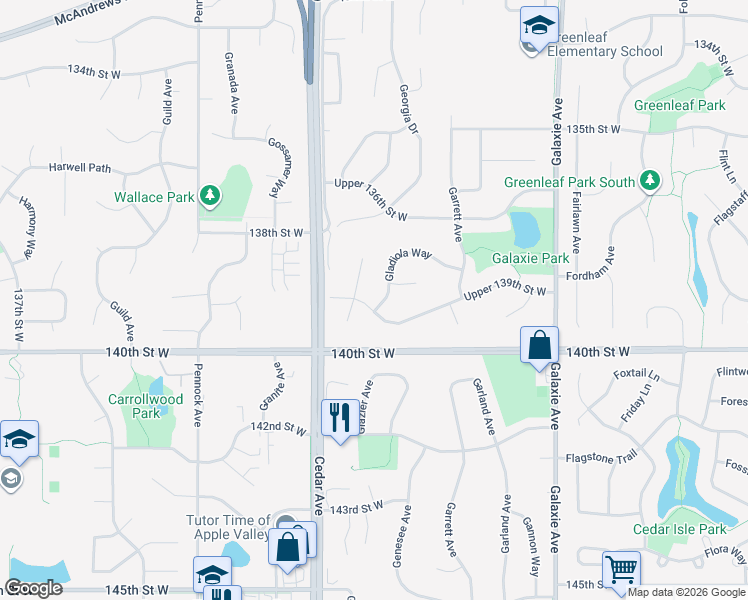 map of restaurants, bars, coffee shops, grocery stores, and more near 7406 Upper 139th Street West in Apple Valley