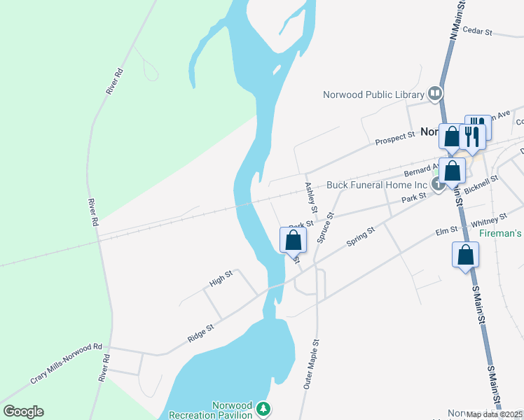 map of restaurants, bars, coffee shops, grocery stores, and more near 35 River St in Norwood