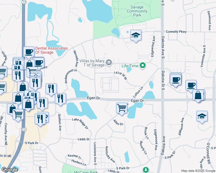 map of restaurants, bars, coffee shops, grocery stores, and more near 14125 Louisiana Avenue in Savage