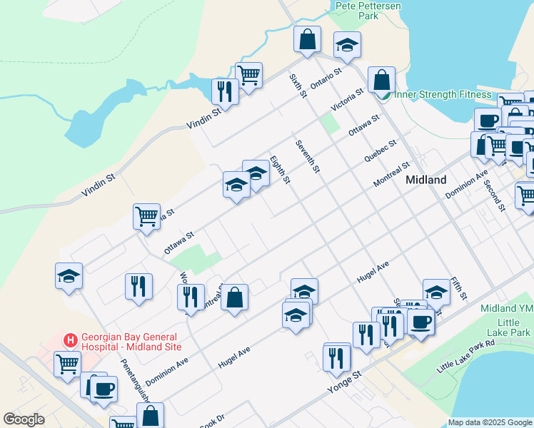map of restaurants, bars, coffee shops, grocery stores, and more near 140 Ninth Street in Midland