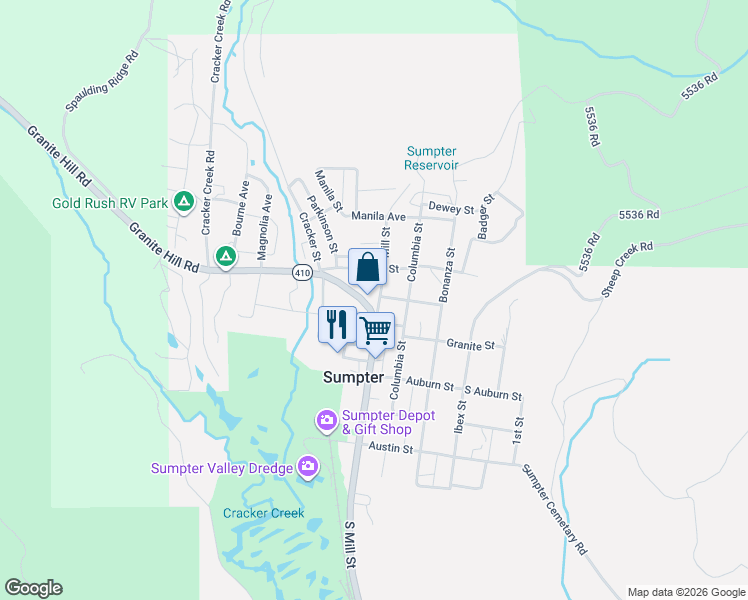 map of restaurants, bars, coffee shops, grocery stores, and more near Sumpter Valley Highway in Sumpter