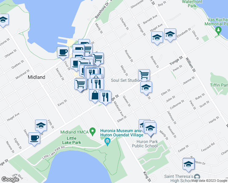 map of restaurants, bars, coffee shops, grocery stores, and more near 367 Midland Avenue in Midland