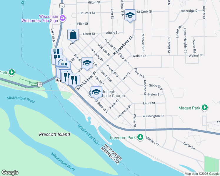 map of restaurants, bars, coffee shops, grocery stores, and more near 273 Elm Street South in Prescott