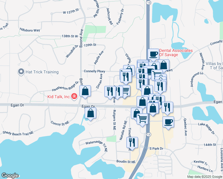 map of restaurants, bars, coffee shops, grocery stores, and more near 14130 Virginia Way in Savage