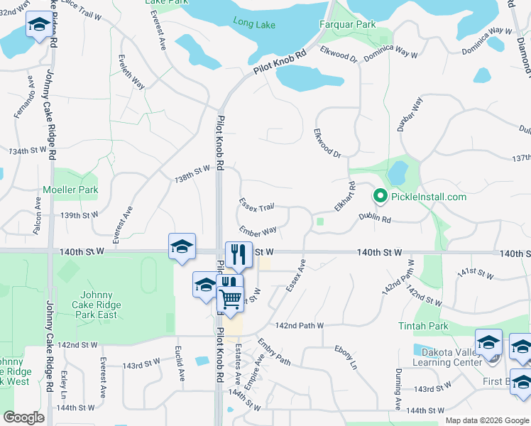 map of restaurants, bars, coffee shops, grocery stores, and more near 13831 Essex Trail in Apple Valley