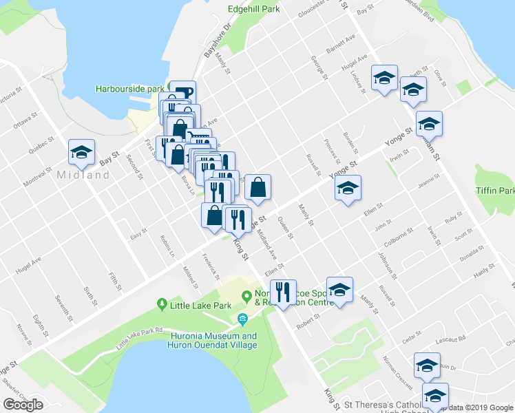 map of restaurants, bars, coffee shops, grocery stores, and more near in Midland