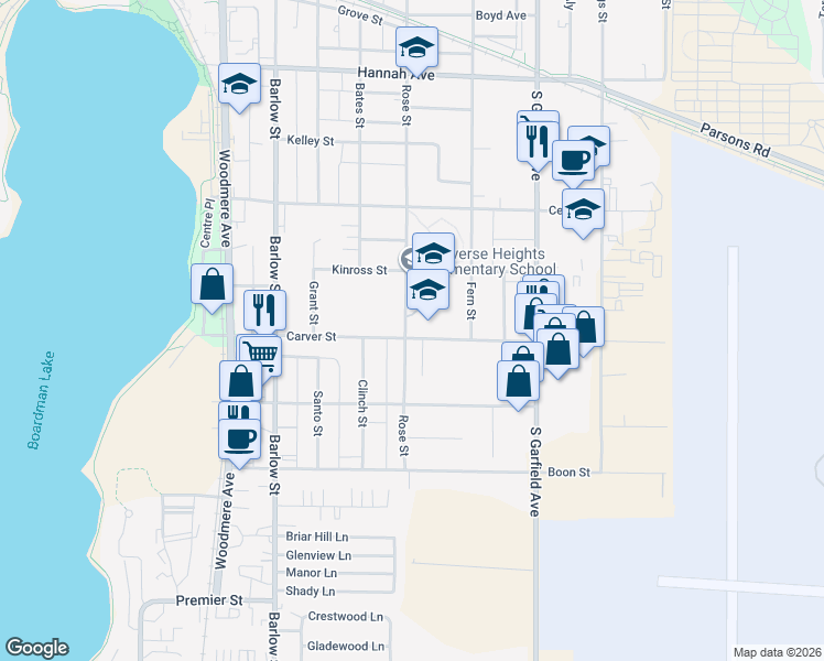 map of restaurants, bars, coffee shops, grocery stores, and more near 1000-1098 Rose Street in Traverse City