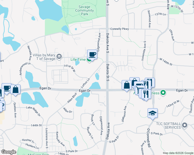 map of restaurants, bars, coffee shops, grocery stores, and more near 14130-14158 Loftus Lane in Savage