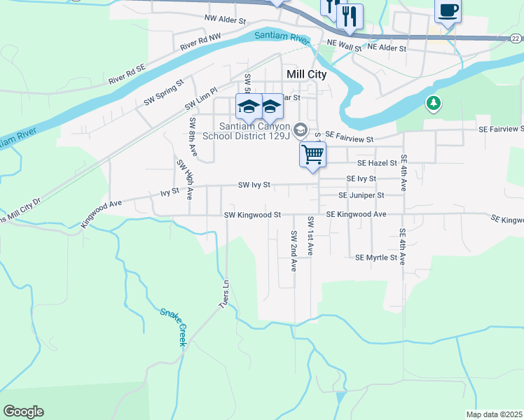 map of restaurants, bars, coffee shops, grocery stores, and more near 405 Southwest Kingwood Street in Mill City